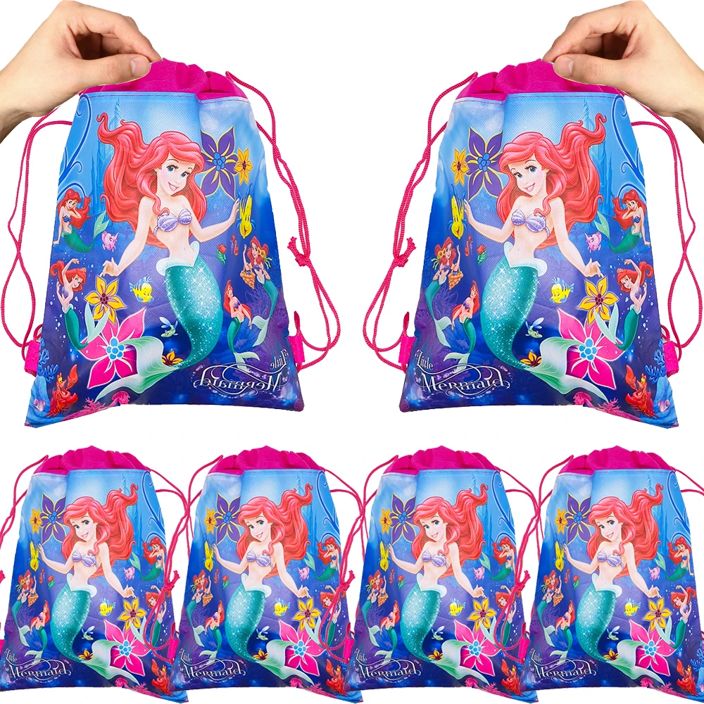 Disney Mermaid Gift Bag Non-woven Kids Girls Birthday Party Gift Shopping Bag Drawstring Backpack Festival Ariel Party Supplies