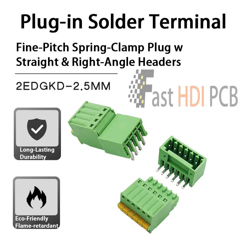 Полный комплект углового разъёма и штекера / Безпаечный клеммный блок PCB с пружинным зажимом серии 2EDGKD шаг 2.5мм / Виброустойчивый, 4А