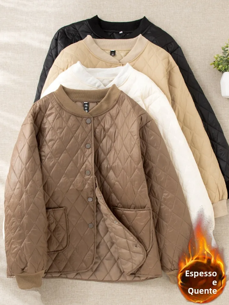 

Japanese Style Lightweight down Cotton Jacket Women Loose Retro Stand Collar Diamond Grid Interlining Thickened Baseball Coat