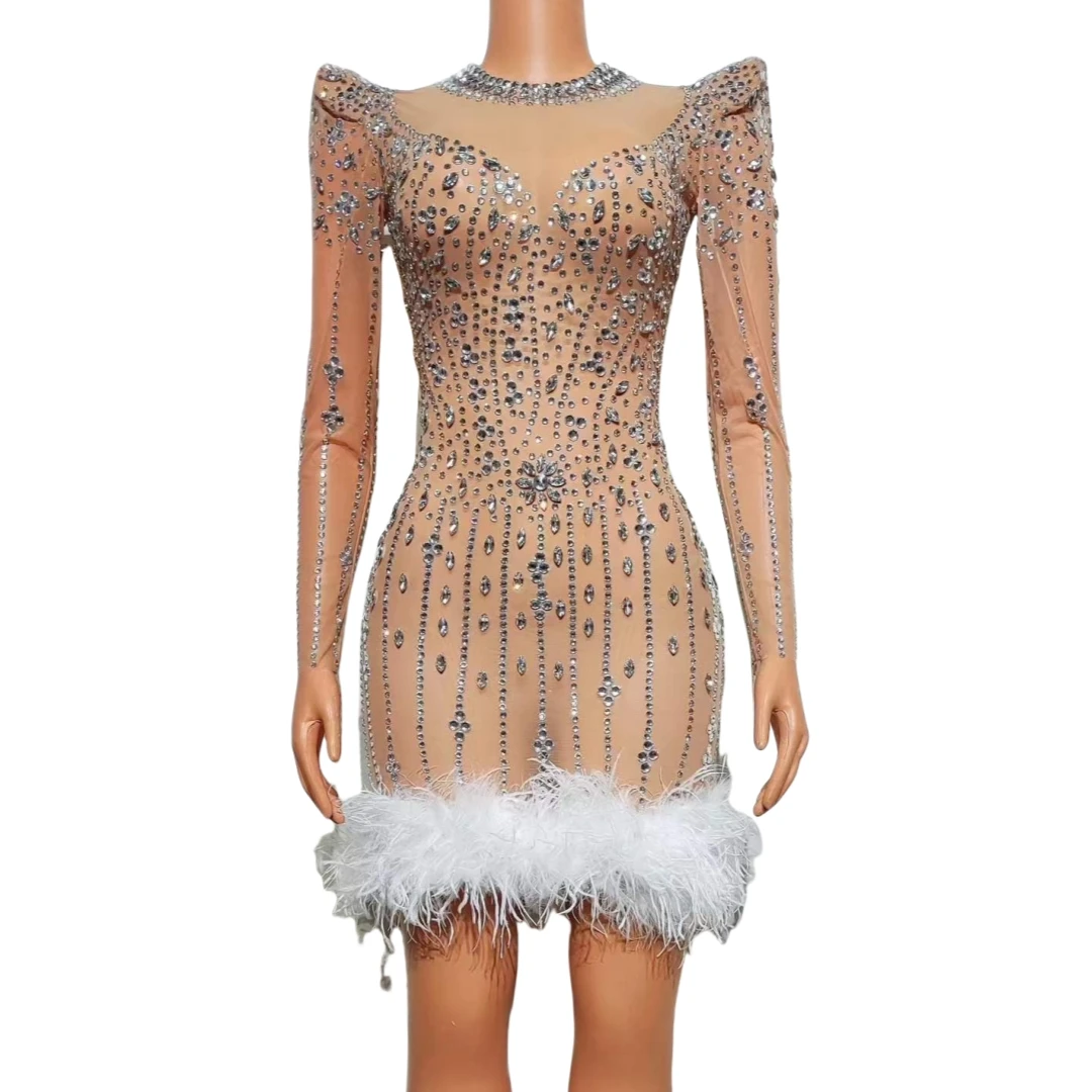 Women Sparkly Hot Drilling Process Rhinestone Mini Dress Sheer See Thru Birthday Party Clubbing Queen Costume Pageant