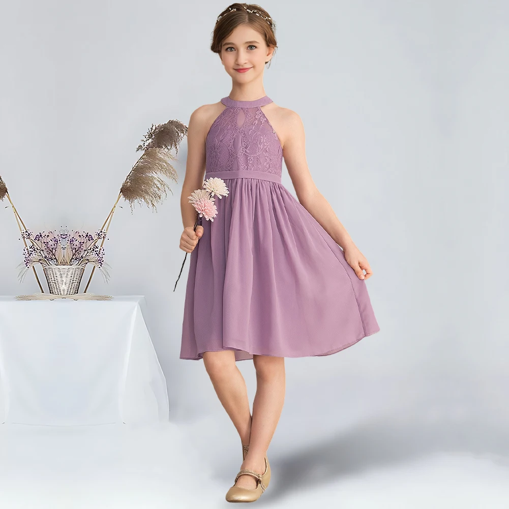 فستان وصيفة العروس الصغير على شكل حرف a للأطفال فستان فتاة الزهور من الشيفون والدانتيل لحفلات الزفاف وحفلات الفتيات #4