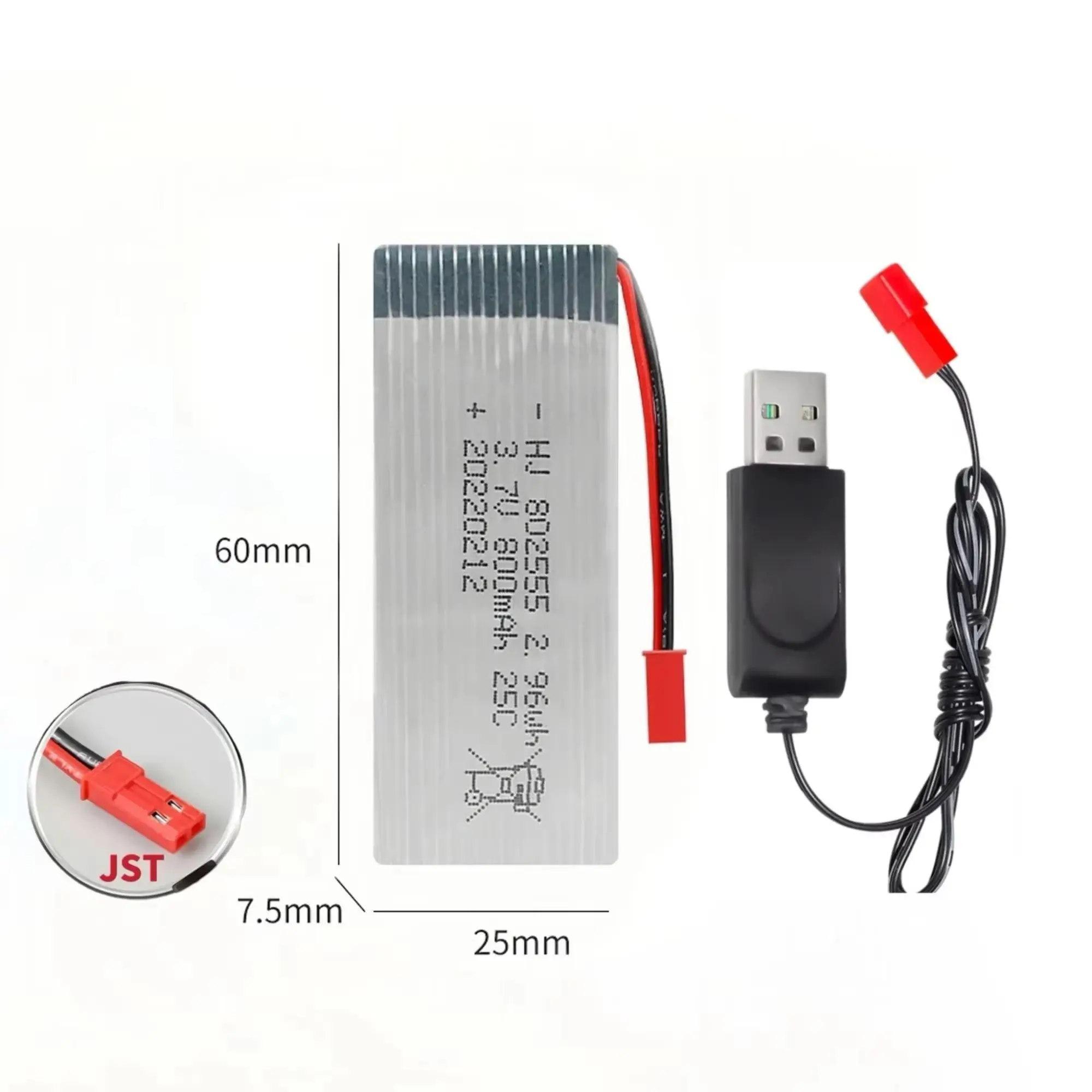 802555 バッテリー 3.7V 800mAh 25C Lipo バッテリー USB 充電器 H12C F181 F187 F163 ドローン用 ‌   ラジコン飛行機 ラジコンヘリコプター スケールモデル