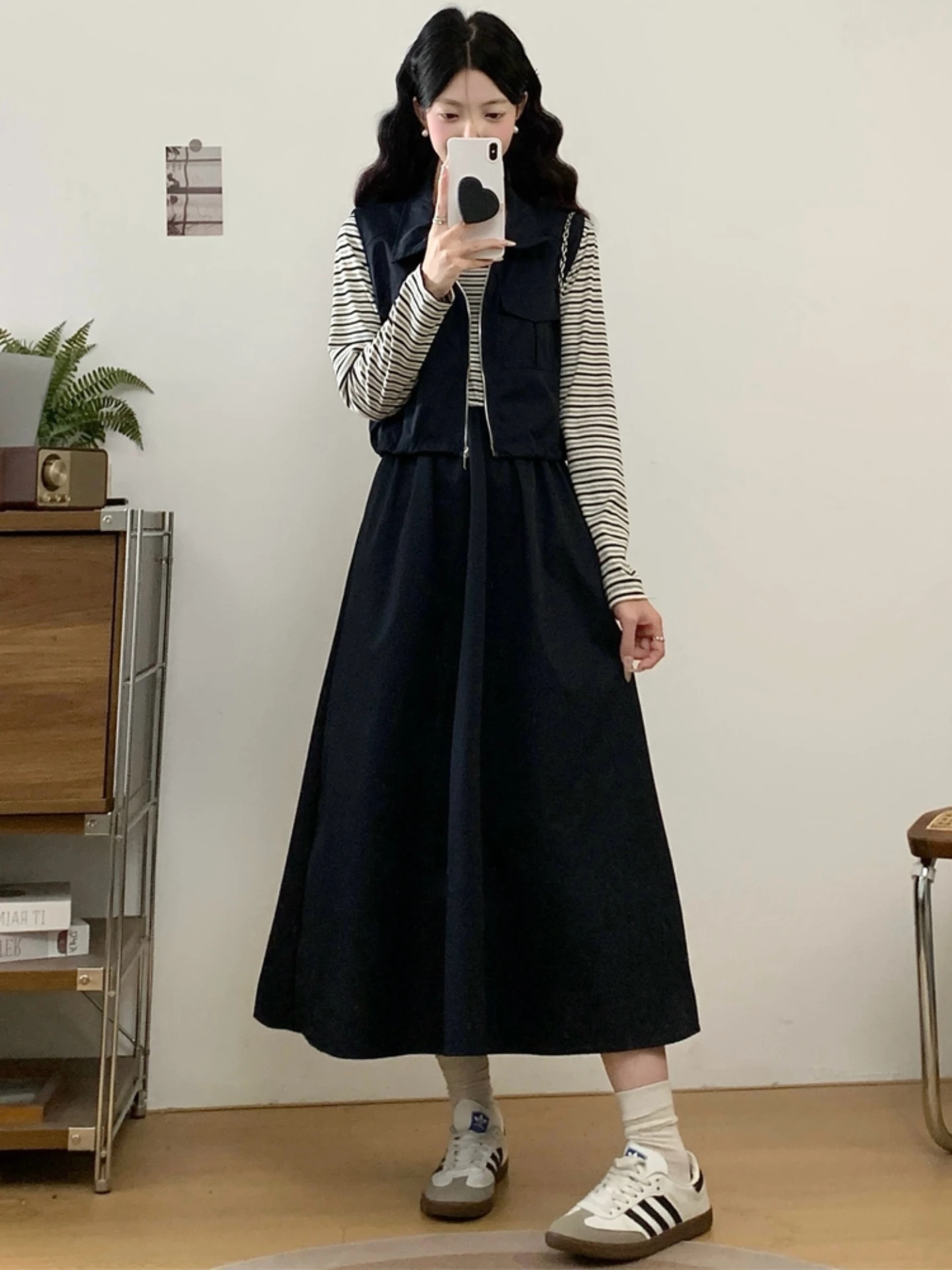 

plus Size Women's Spring Autumn Dress Cardigan Patchwork Stripe Belly Cover Design Slimming Two-Piece Set for Plump MM