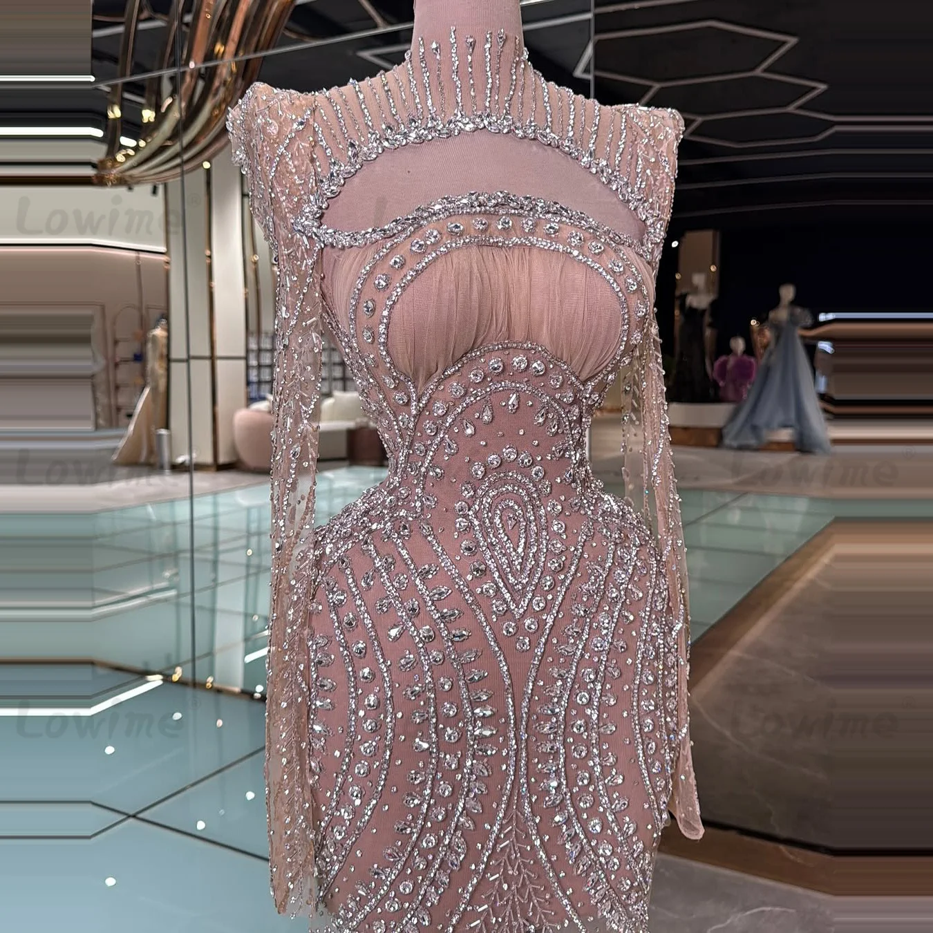 

Luxury Pink Heavy Crystals Beading Prom Dresses Long Sleeves Sheath Wedding Party Night Gowns Evening Dress Robe Soirée Female