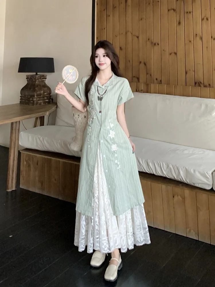 

plus Size Women's Chinese Style Embroidered Striped Shirt Dress High Waist A-Line Skirt Set Summer New Arrival