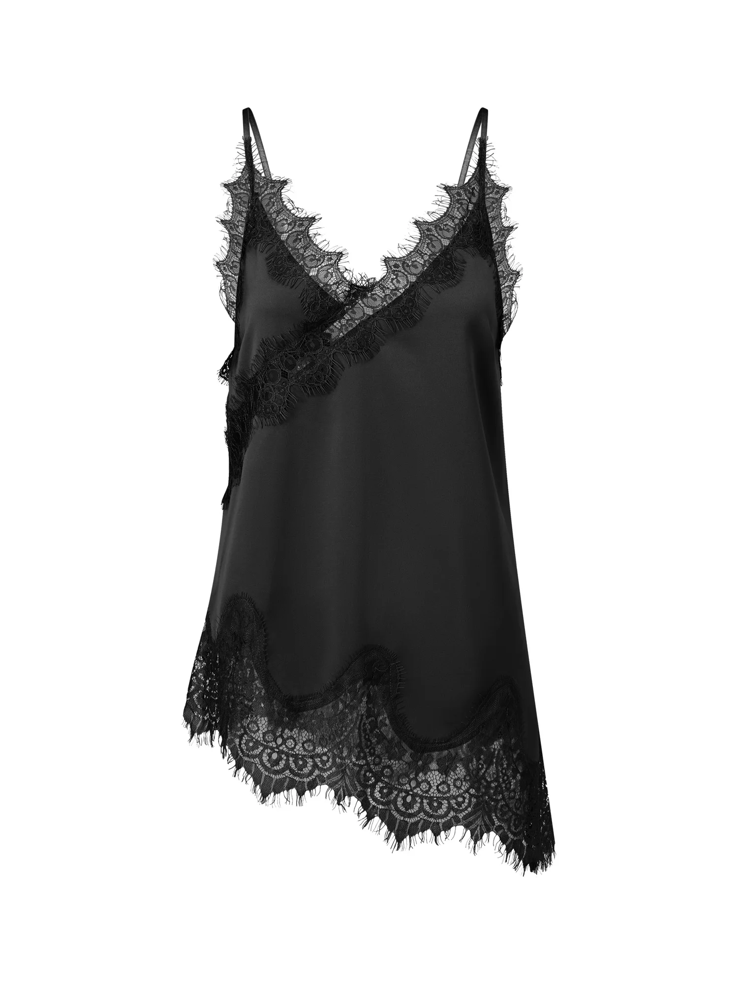 Women Long Satin Camisole Summer Spaghetti Strap Scalloped Hem Lace Trim Tank Tops