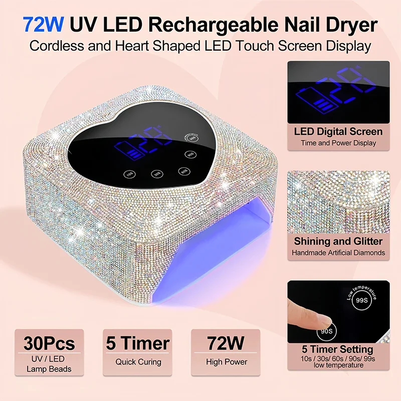 Lâmpada uv recarregável para unhas, 72w, luz uv sem fio para unhas com strass em forma de coração, máquina de manicure e pedicure, ferramentas para unhas