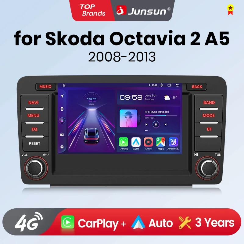 Junsun Autoradio da 7 pollici per Skoda Octavia 2 A5 2008 2009 2010-2013 Wireless CarPlay Android Auto 2 din Multimediale intelligente 4G