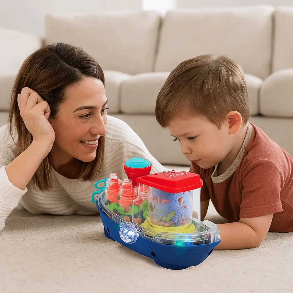 Travel Toys Plastic Transparent Gear Mechanical Car Sound Light Toy Electric Moving Boat Toy Musical Ship Toy Children