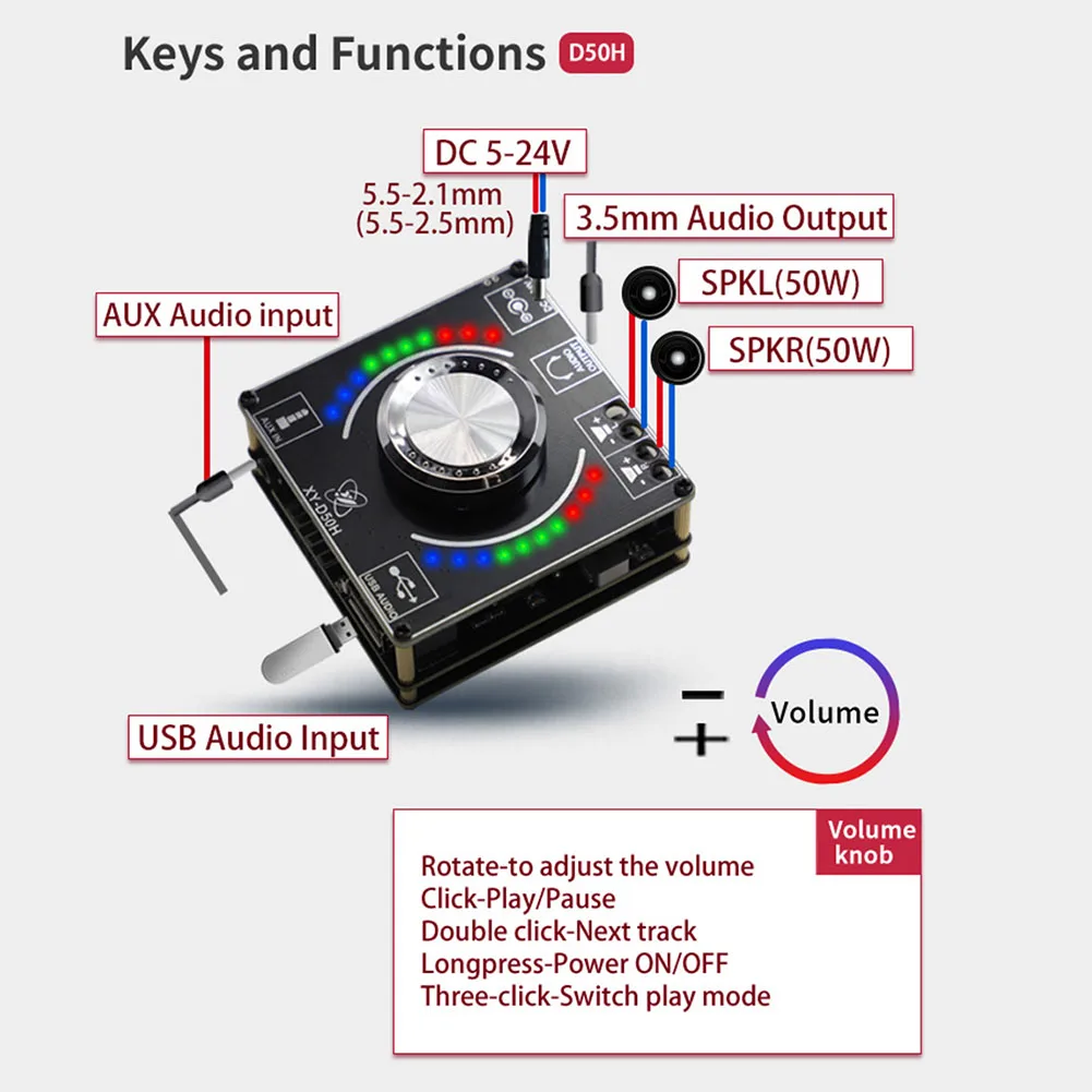 XY-D50H DC5-24V/5A Audio Power Amplifier Module 50W*2 Speaker Power Amplifier Board with Colorful Running Lights APP Control