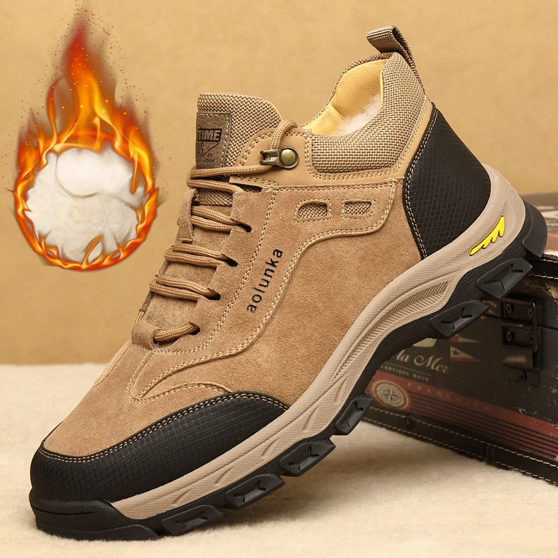 Men Leather Sneakers Luxury Brand High Quality Non-slip Warm Cotton Shoes Winter Outdoor Male Fur Work Tooling Shoes