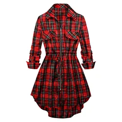 Blusas Mujer Women's Retro Plaid Zippered Waist Long Sleeve Mid-Length Shirt Red Blusas Elegantes Mujer 2024 Women Blouse