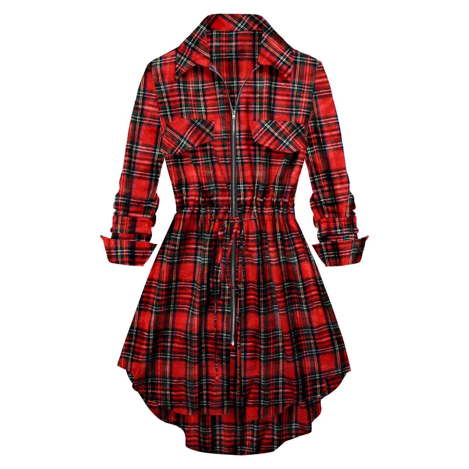 Blusas Mujer Women's Retro Plaid Zippered Waist Long Sleeve Mid-Length Shirt Red Blusas Elegantes Mujer 2024 Women Blouse