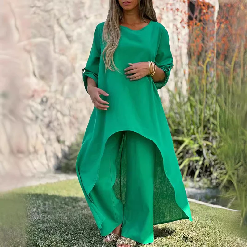 

Women Cotton Linen Pant Sets 2 Pieces Casual Half Sleeve Loose Blouse High Elastic Waist Wide Leg Full Trousers Suits for Daily