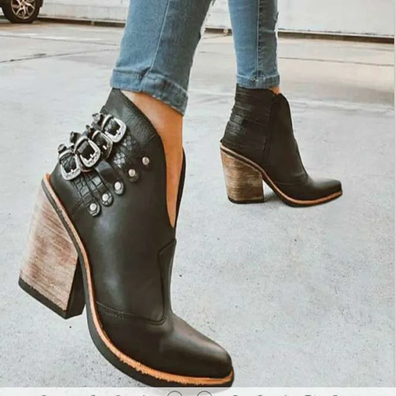 Autumn and Winter New Fashion High-heeled Large Belt Buckle Thick Heel Low Tube Women's Boots