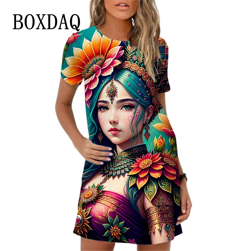 Summer Women Dress Fashion 3D Beautiful Women's Oil Painting Print A-Line Dress Loose Casual Short Sleeve Woman Dress