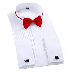 Classic Winged Collar Dress Shirt Men's Wingtip Tuxedo Formal Shirts with Red Black Bow Tie Party Dinner Wedding Tops