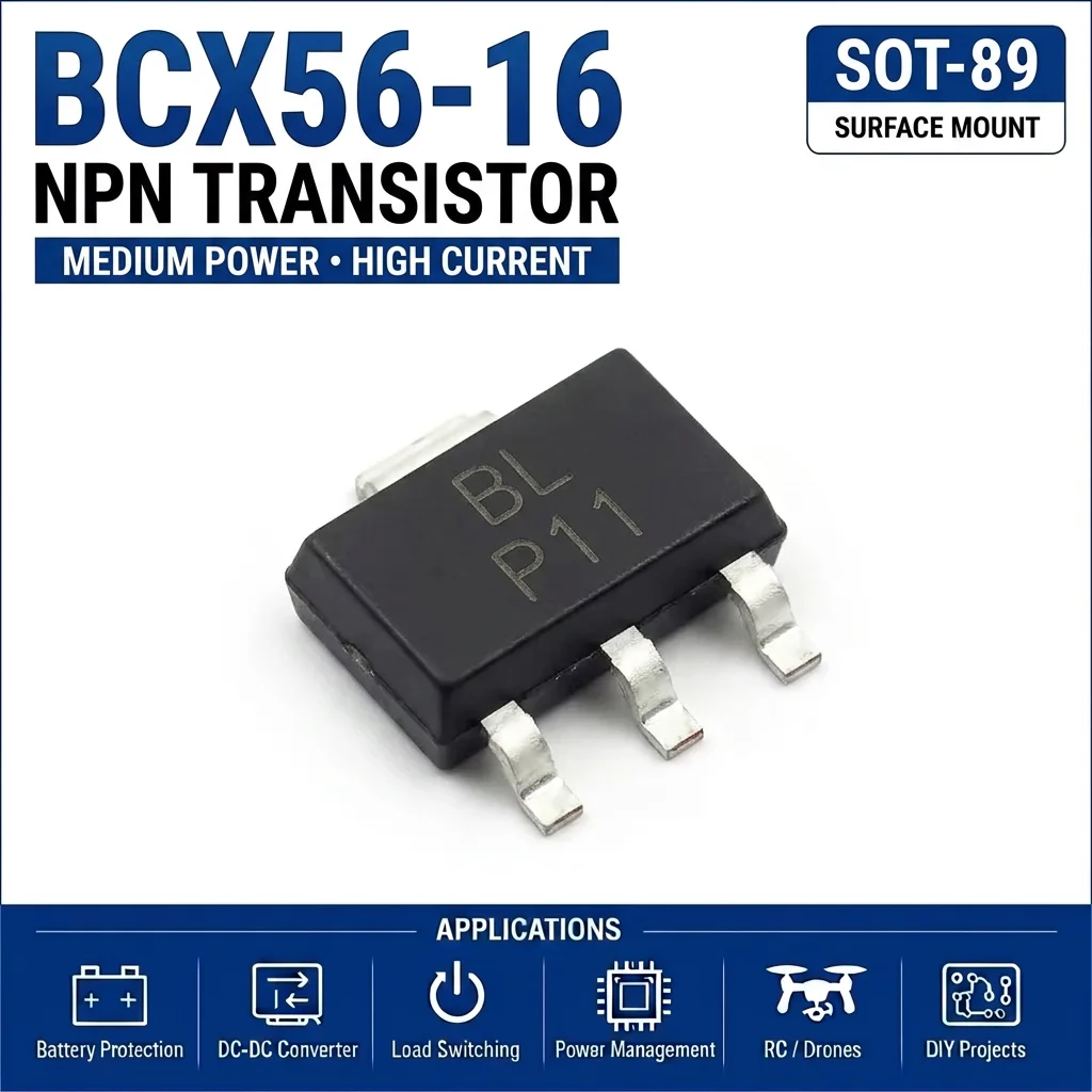 (100 pcs) BCX56-16 SOT-89 (Marking BL P11) NPN Medium Power Transistor 80V 1A 1.35W hFE 100-250