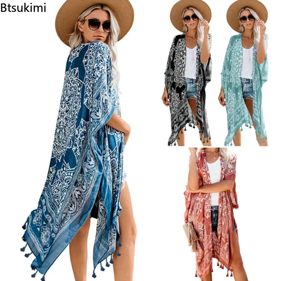 Nuovo 2024 Sexy Bikini Cover-up Boho Stampato con frange Lungo Kimono Carfigan Tunica Donna Plus Size Beach Wear Costume da bagno Cover Up