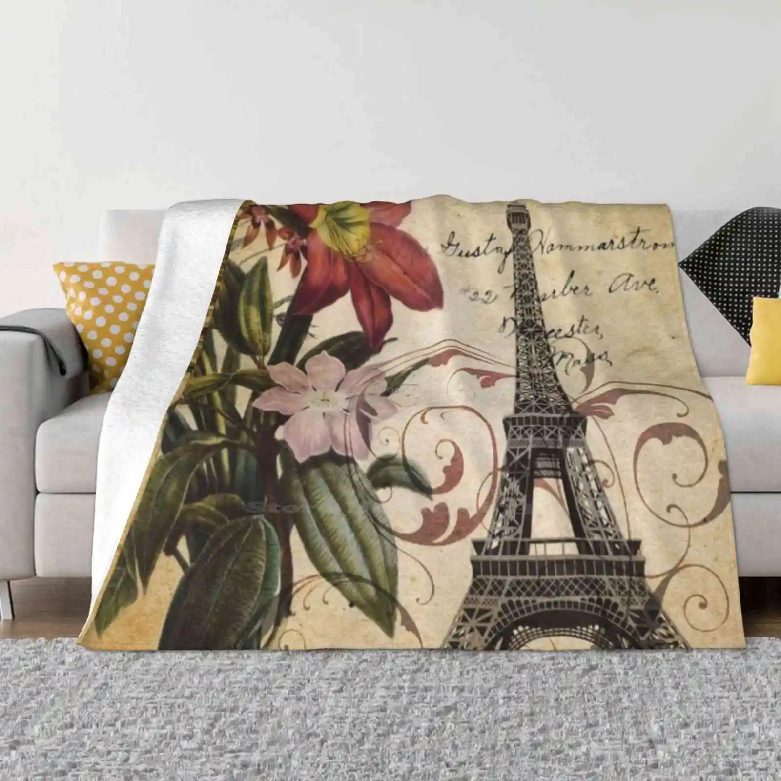 Vintage Retro Paris Eiffel Tower Lily Floral Botanical Art Trend Style Funny Fashion Soft Throw Blanket Retro Eiffel Tower Lily