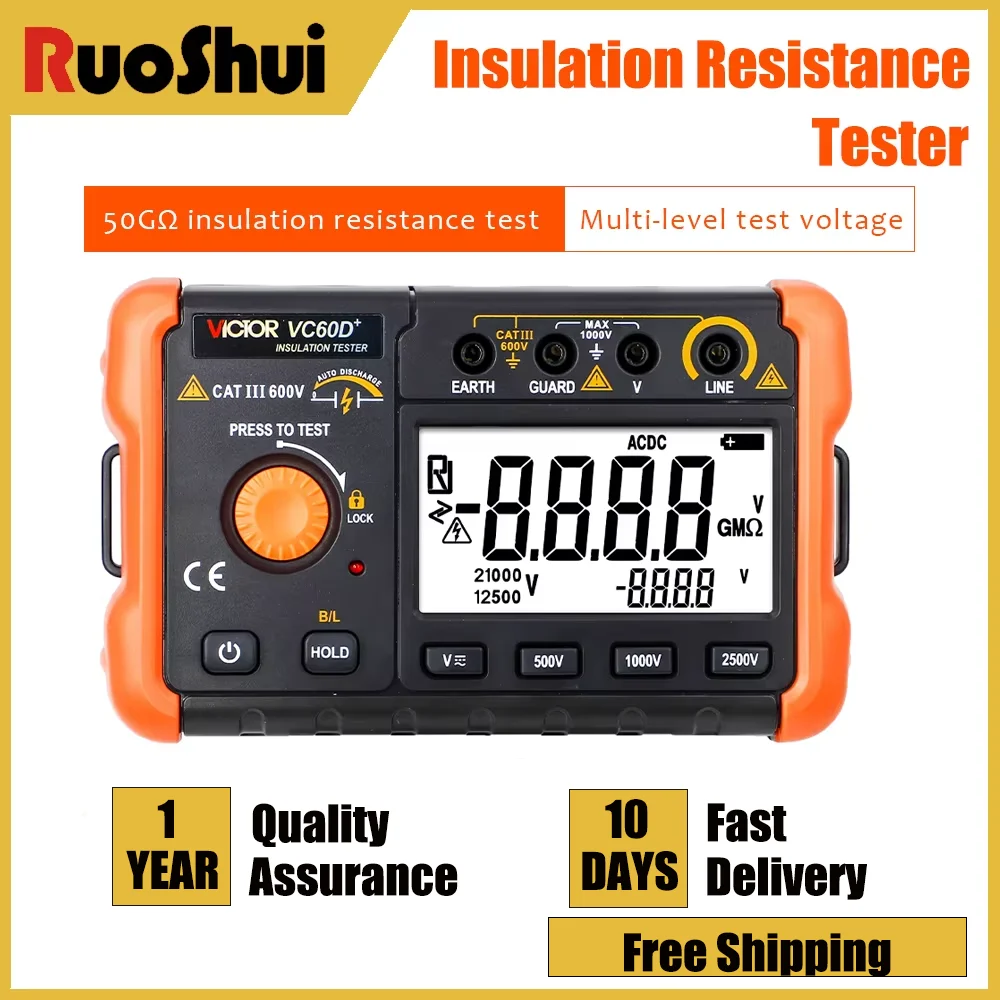 

Victor RuoShui 60B+ 60D+ Insulation Resistance Tester 1000V 2500V 50GΩ High-Voltage Megohm Meter Digital Short Circuit Detectio