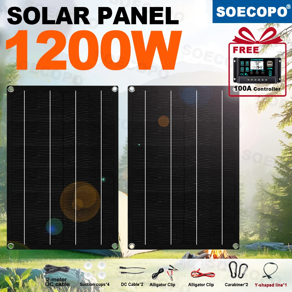

SOECOPO 1200W Portable Solar Panel Set 2*600W (12V - 18V) Solar Panels Free 100A Controller USB 5V for Camping Devices Charging
