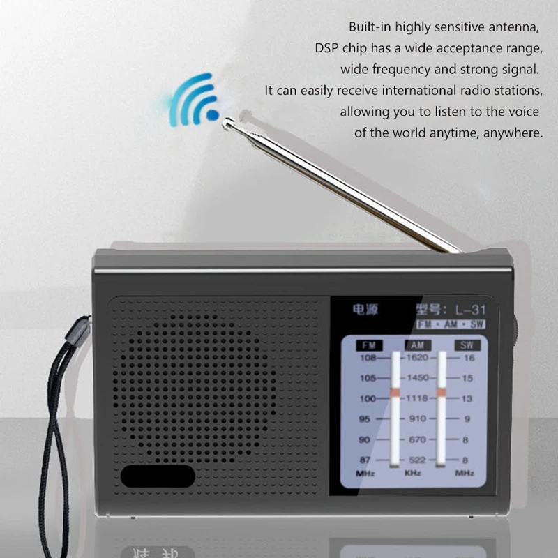 Mini Radio portátil de banda completa, dispositivo de altavoz Retro con antena retráctil, L-31, recargable por USB, FM, AM, SW