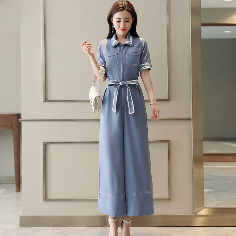 

Korean Sle High Waist Striped Color Blo Wide Leg Jumpsuit Belted Casual Summer 2024 Faion Nine Points Suit