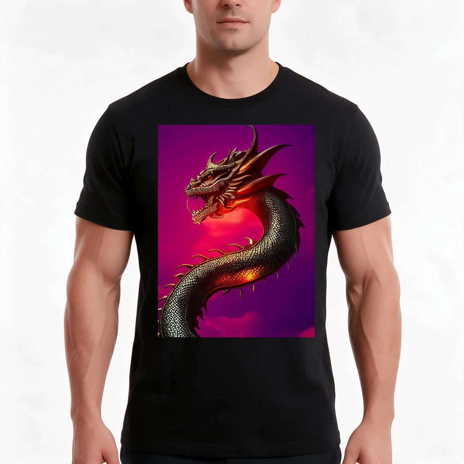 Fierce Fantasy Dragon Against A Sunset Sky T-Shirt, Summer Casual Cotton Tee, Oversized Streetwear Tops, Vintage Graphic Print
