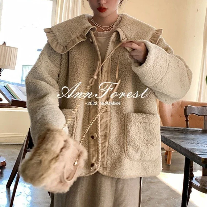 Vintage Fashion Simple Lambswool Coat Women Clothes Fleece Jacket Fall Winter Sweet Cute Doll Collar Loose Casual Outerwear Coat