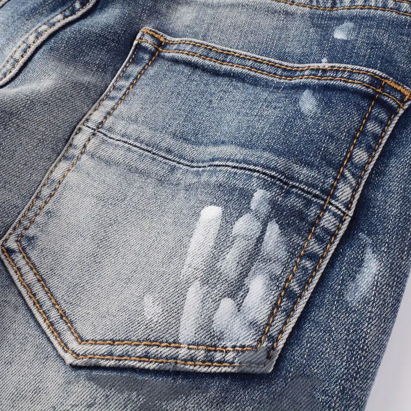 Fashionable new men's jeans stretch slim fit washed blue distressed patch painted jeans high street hip-hop brand pants hombre