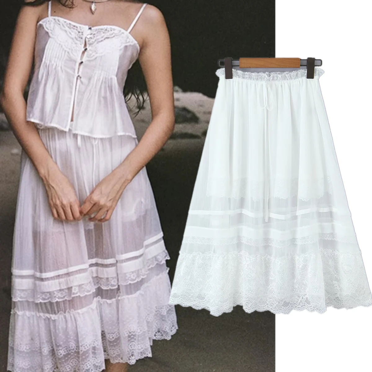 

Jenny&Dave French Country Style Lazy White Lace Embroidery Splicing Mesh Skirt Minimalist Elegant Midi Skirt For Women Falda