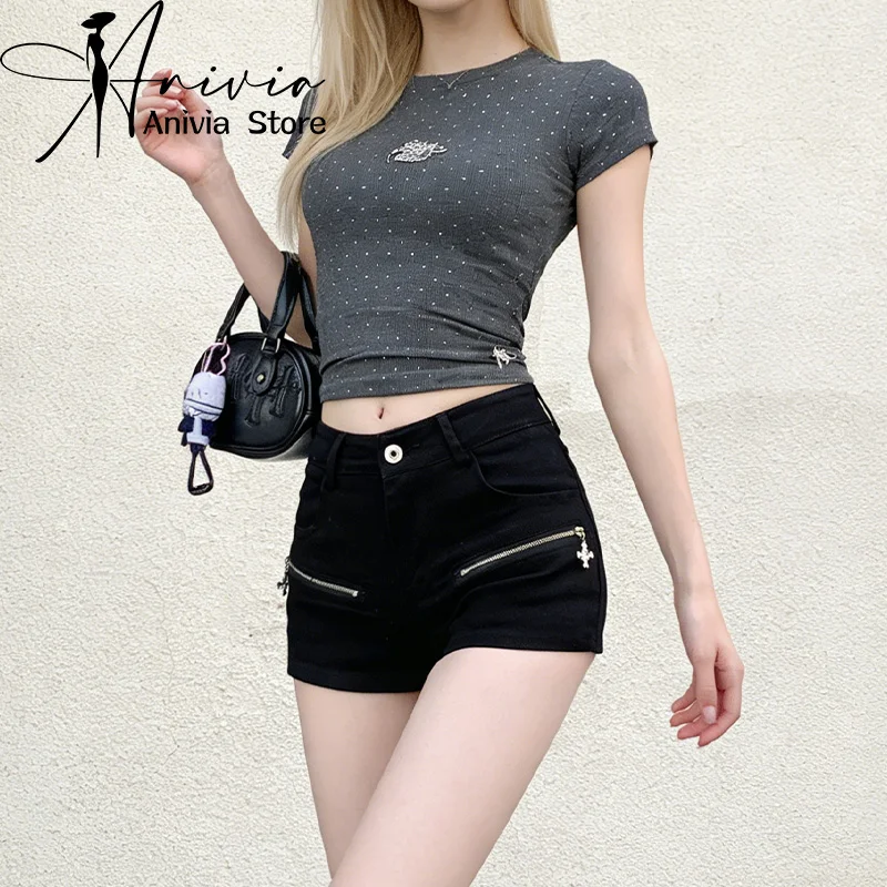 Women's Black Gothic Zipper Denim Shorts Y2K Harajuku High Street Aesthetic 2000s Fashion Retro Jeans Shorts Clothes 2026 New