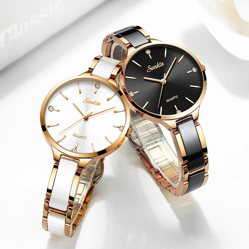 Sunkta Women Watches Luxury Fashion Ceramic Watch for Ladies Elegant Bracelet Waterproof Quartz Wristwatch Top Clock Lover Watch