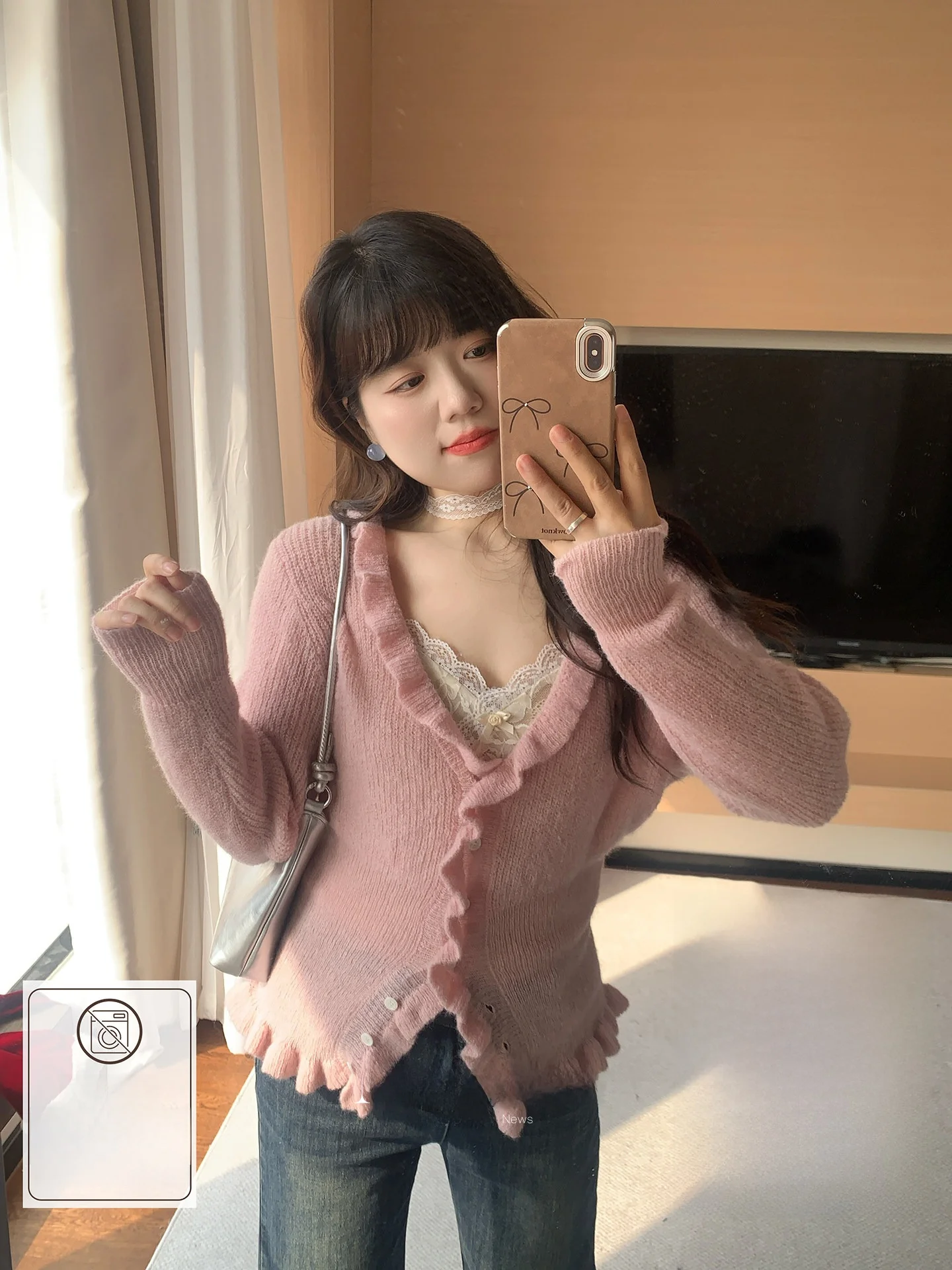 

Soft Style Long Sleeve Ruffle Sweater plus Size White Pink Rose Light Pink Women's Online Exclusive Cardigan Style Winte...