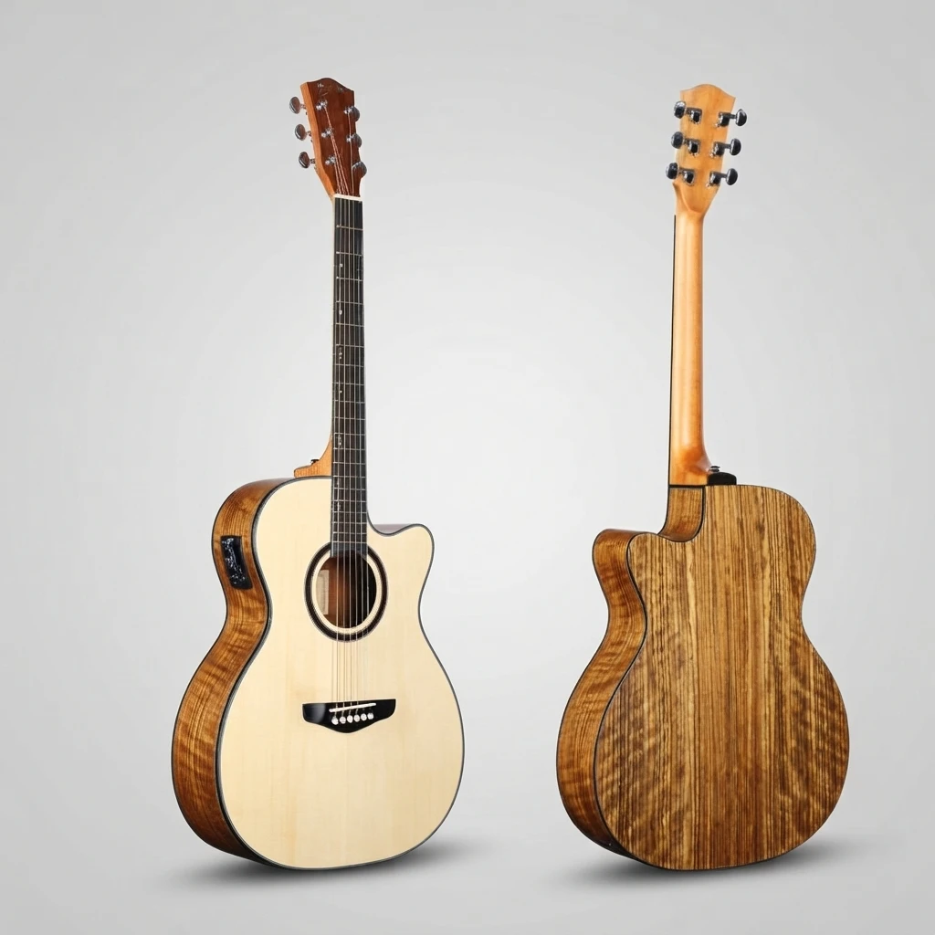 Electro Acoustic Guitar 6 String Cutaway Natural Top Dark Back Sides Chrome Tuners Dot Inlay White Bridge Pins Built-in Pickup