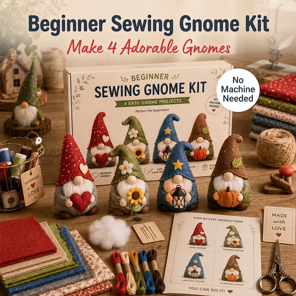 Kit de couture DIY en feutrine pour débutants, matériaux et guide étape par étape inclus, création de 4 gnomes, ensemble cadeau artisanal pour la décoration de la maison
