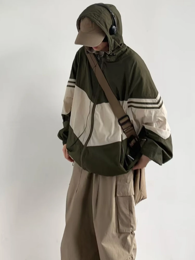 Männer Jacken Mit Kapuze Baggy Patchwork Kontrast Farbe Mode Bequem Wasserdicht Freizeit Täglich Retro Äußere Japanischen Stil Chic