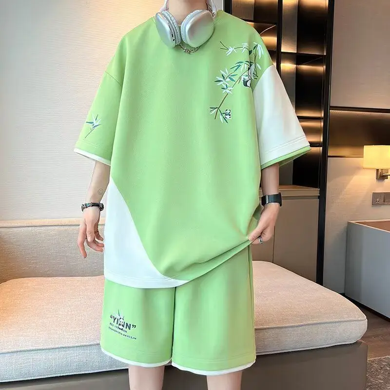 

New Chinese Style Men's Summer Casual Short Sleeve T-Shirt Shorts Set Plus Size Fake Two Piece Sports Outfit​