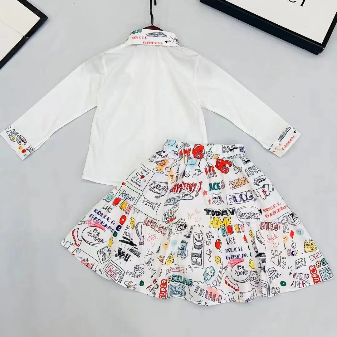 2023 New Autumn Baby Kids Outfit White Blouse Top+Graffiti Skirt Baby Girl Children Quality Brand Clothing Set for Teenagers