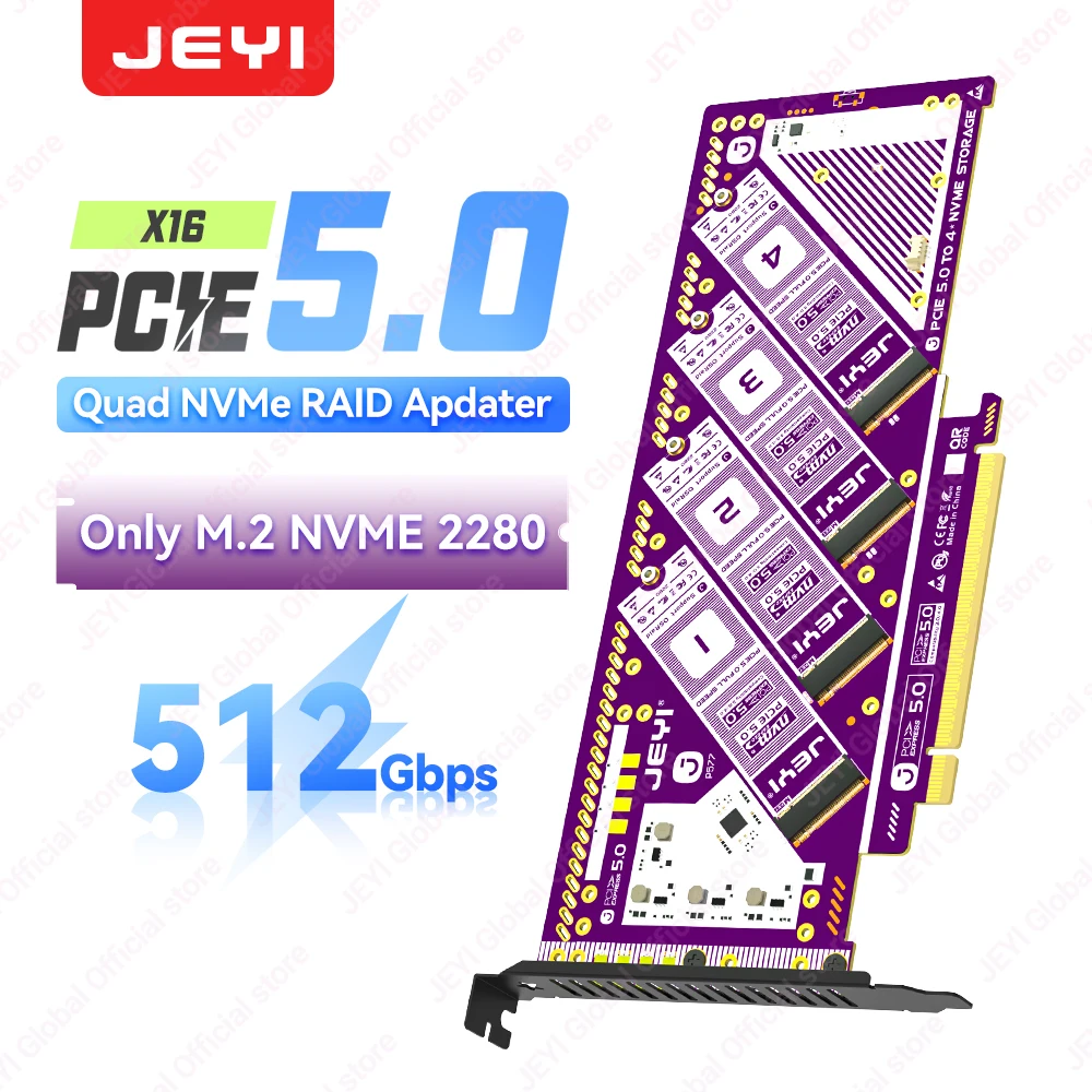 JEYI PCIe 5.0 X16 Quad M.2 uitbreidingskaart 4-bay NVMe RAID 0/1/5/JBOD-adapter 512 Gb/s Snelheid 8 TB per SSD Compatibel PCIe 4.0/3.0