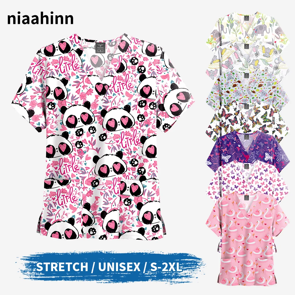 Scrub Tops Women Nurse Cartoon Print Short Sleeve V-Neck Tops Working T-Shirt Animal Print Healthcare Tunic Carers Workwear Tops