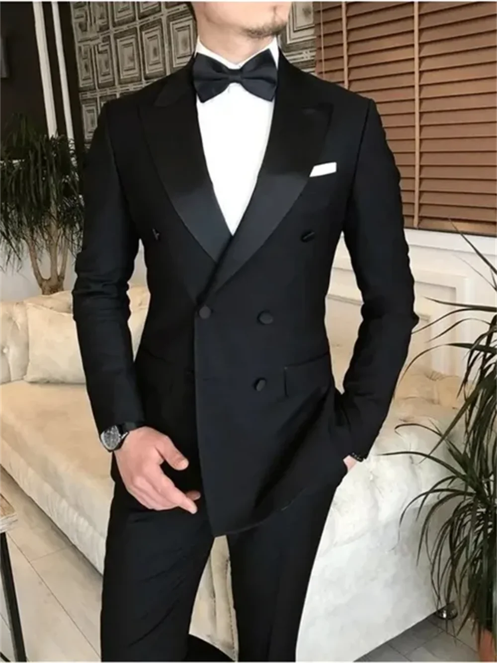 2 Pieces Black Suits for Men Peaked Lapel Double Breasted Bespoke Blazer Wedding Groom Tuxedos Prom Costume Homme  Jacket+Pants