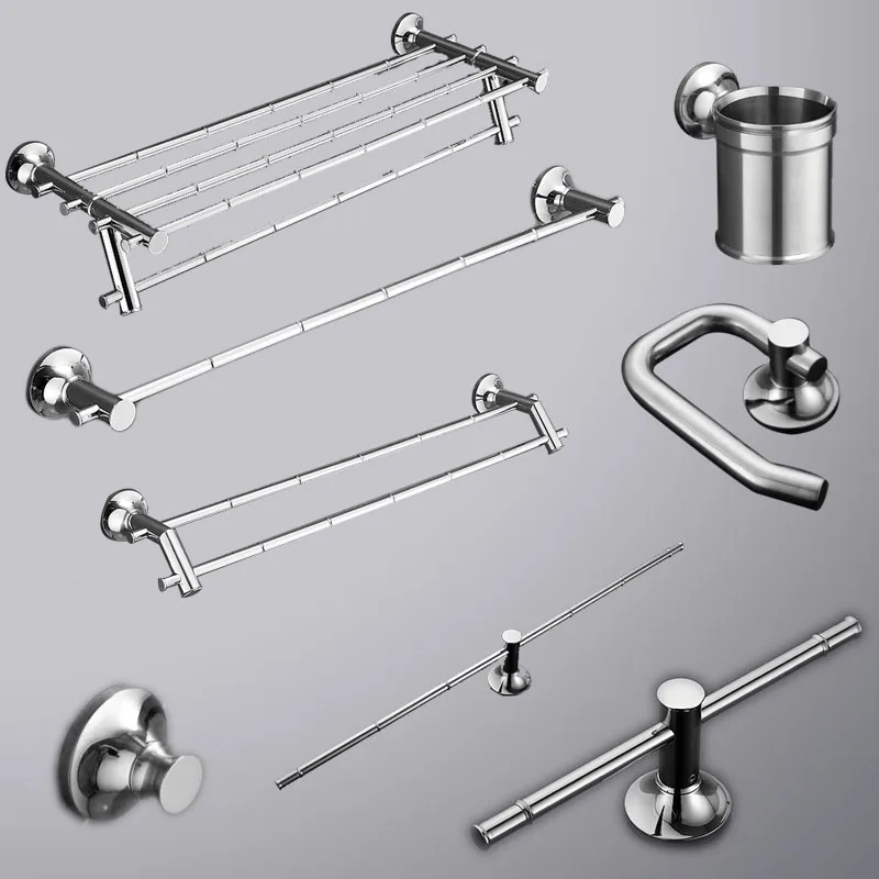 Bathroom Stainless Ste Accessories Set Single pole toilet brush balance pole Double pole coat hook bath towel holder Paper towel