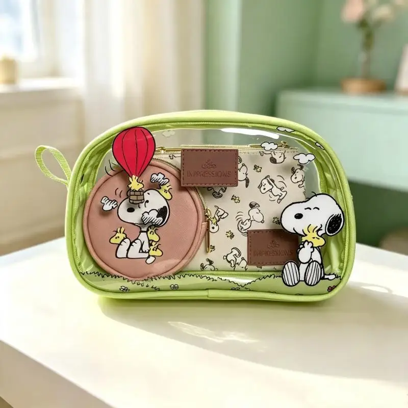Kawaii Snoopy Cartoon Print Transparent Cosmetic Bag 3Pcs Set Waterproof Travel Toiletry Storage Pouch Portabl Makeup Organizer