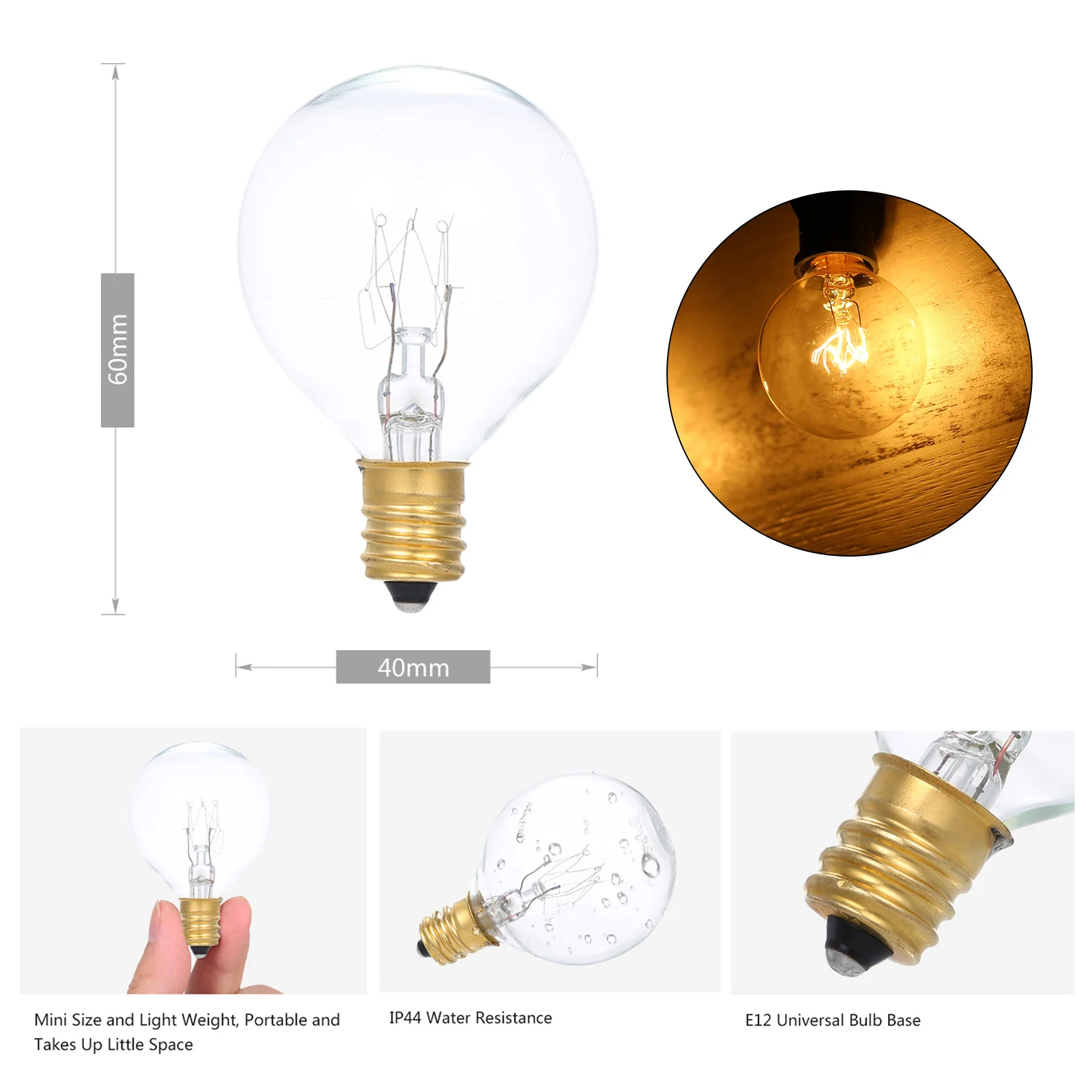 글로브 텅스텐 백열 전구, E12 베이스 소켓 거치대, IP44 방수, 따뜻한 흰색 스트링 조명 장식, 25 팩 AC230V G40