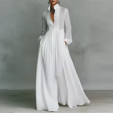 French Elegant High Waist Swing Long Dress Woman Spring Solid Pockets Pleated Maxi Dress Autumn Long Sleeve Button Evening Dress