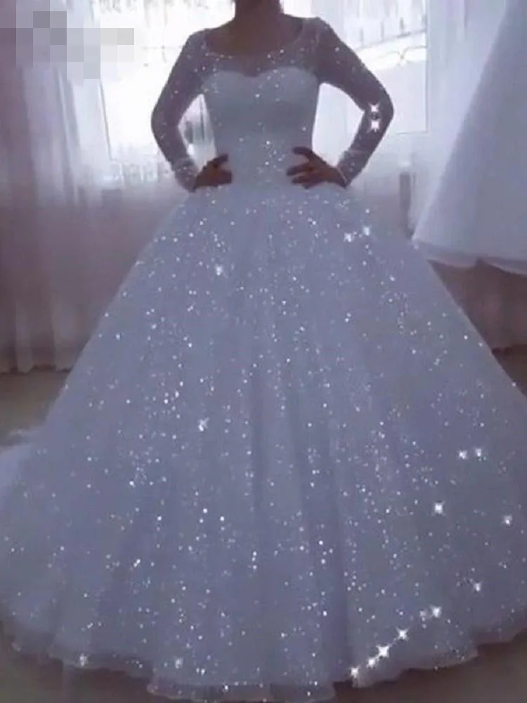 Glaring Vestido De Noiva Sparkle Свадебные платья 2025 Бальное платье с длинным рукавом размера плюс Свадебные платья принцессы для женщин Robe De M