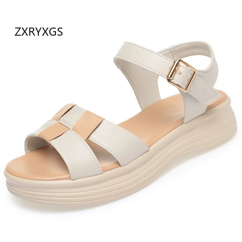 ZXRYXGS New Fashion Genuine Leather Spell Color Summer Women Sandals 2026 Thick Sole Comfortable Wedges Sandals Large Size 42