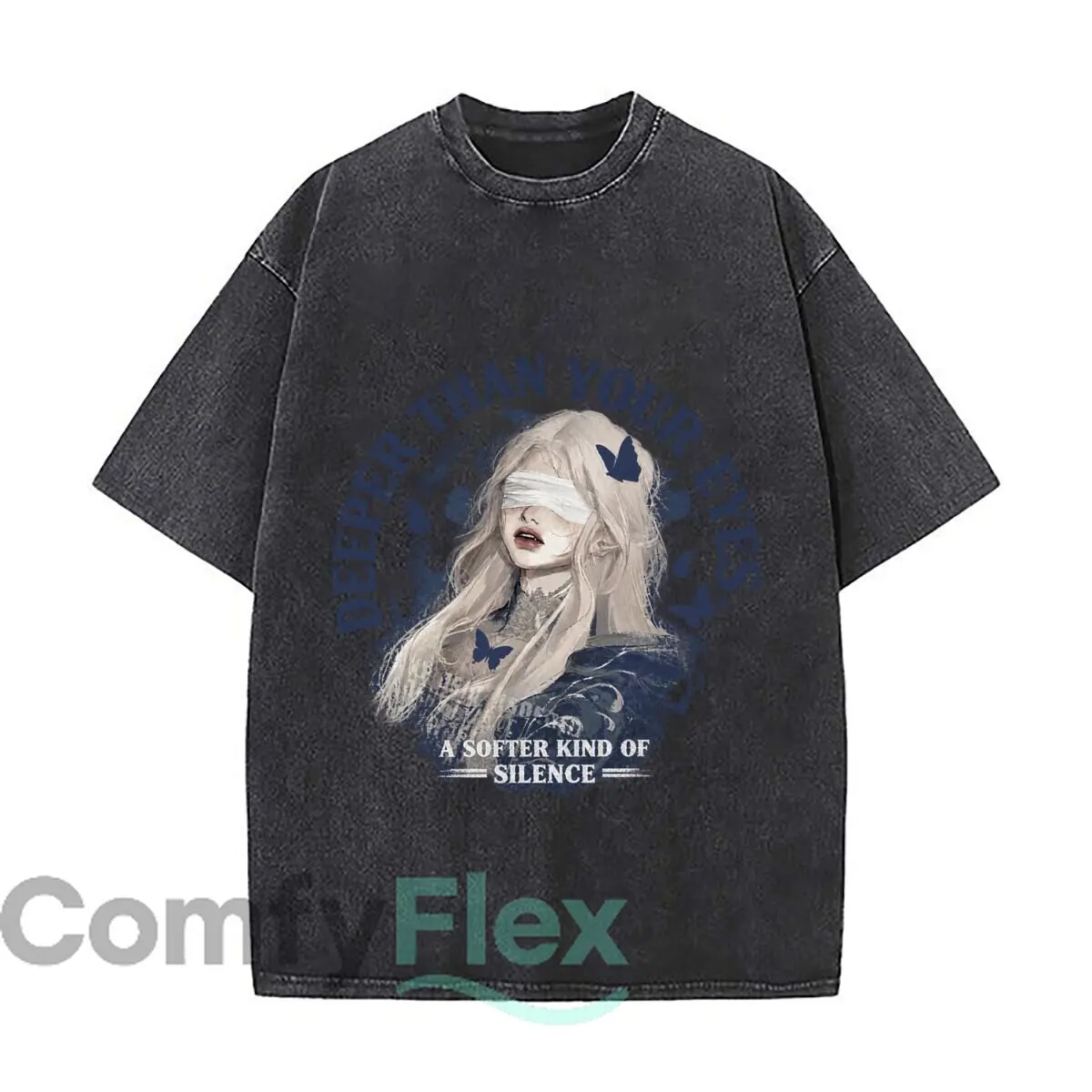 Deeper Than Your Eyes A Softer Kind Of Silence Blindfold Girl Dark Grunge Butterfly Washed Short Sleeve Loose Streetwear Tee